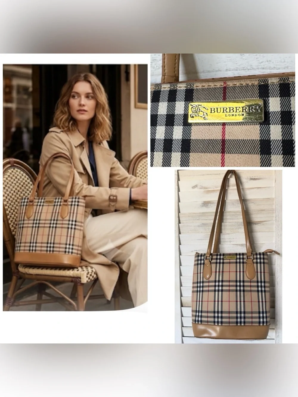 Fashion Check Pattern Faux Leather Tan Tote Bag Purse